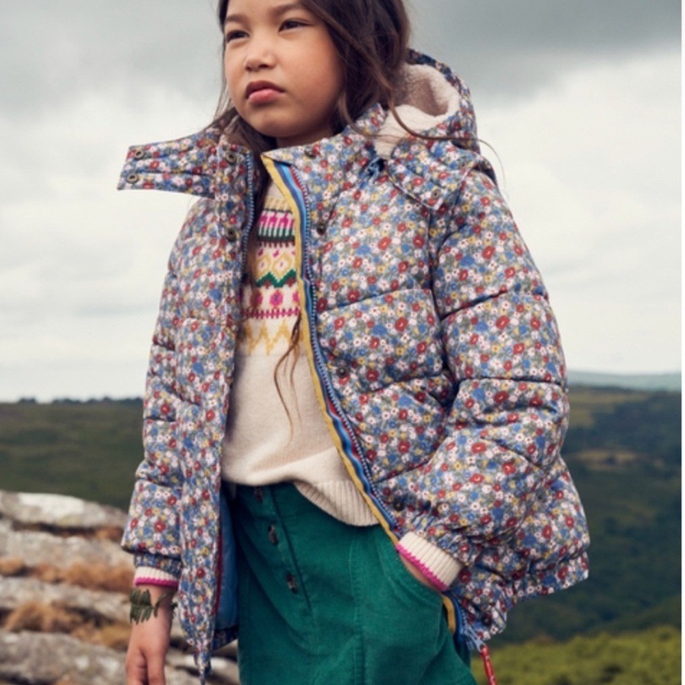 Mini Boden Floral Puffer Jacket Vest 2-In-1 Pebble Blue Flower Bud 13-14Y